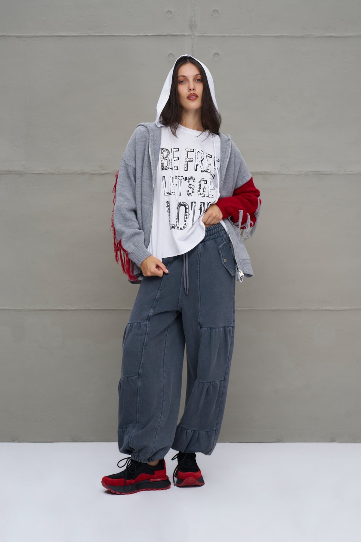 Grey Melange Red Zip-up Oversize Knit Sweater 18070