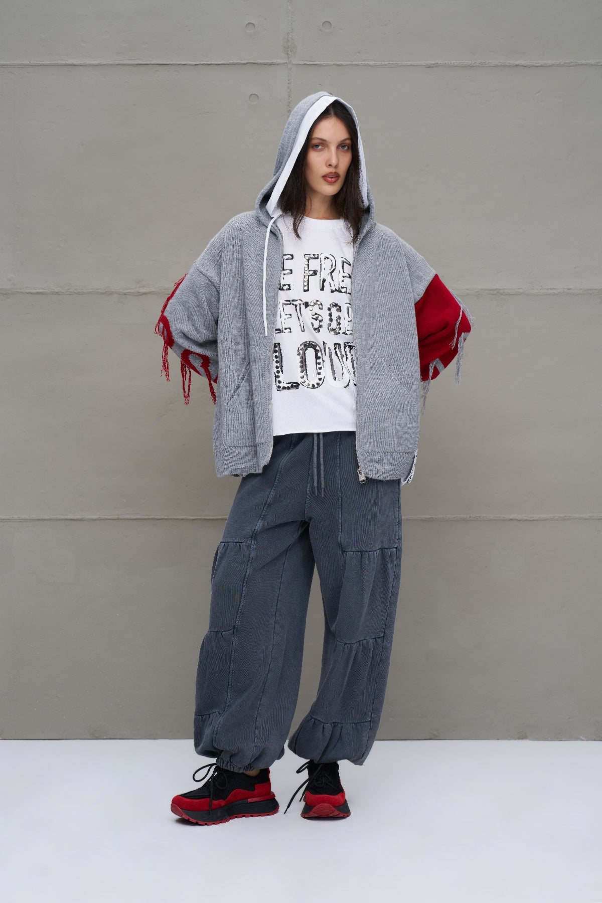 Grey Melange Red Zip-up Oversize Knit Sweater 18070