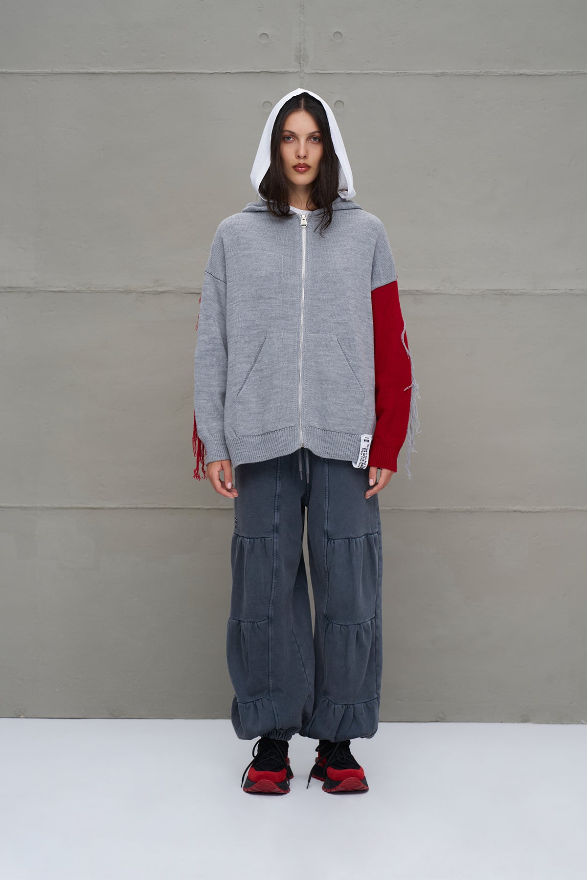 Grey Melange Red Zip-up Oversize Knit Sweater 18070