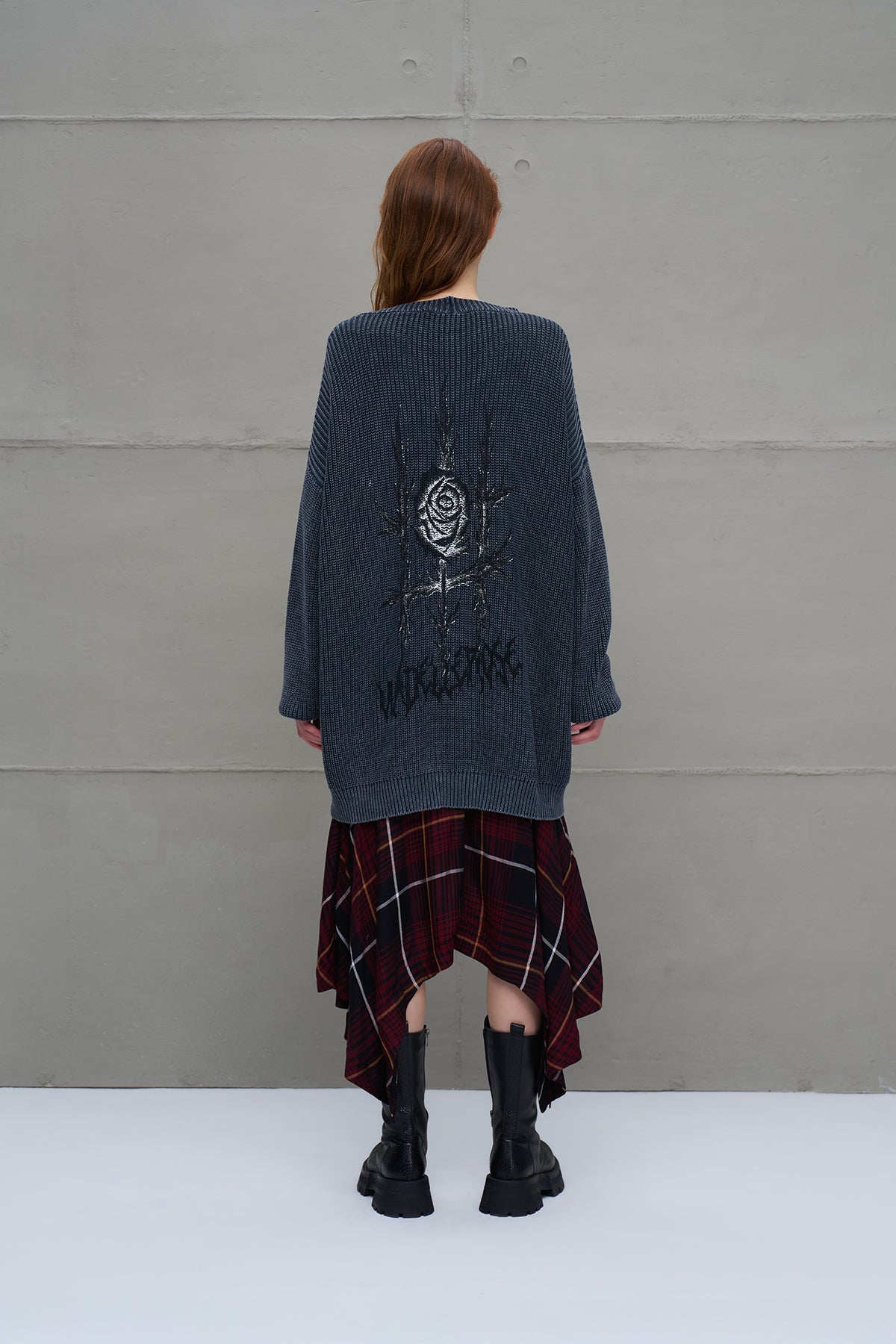 Anthracite Back Patterned Oversize Knit Cardigan 18074