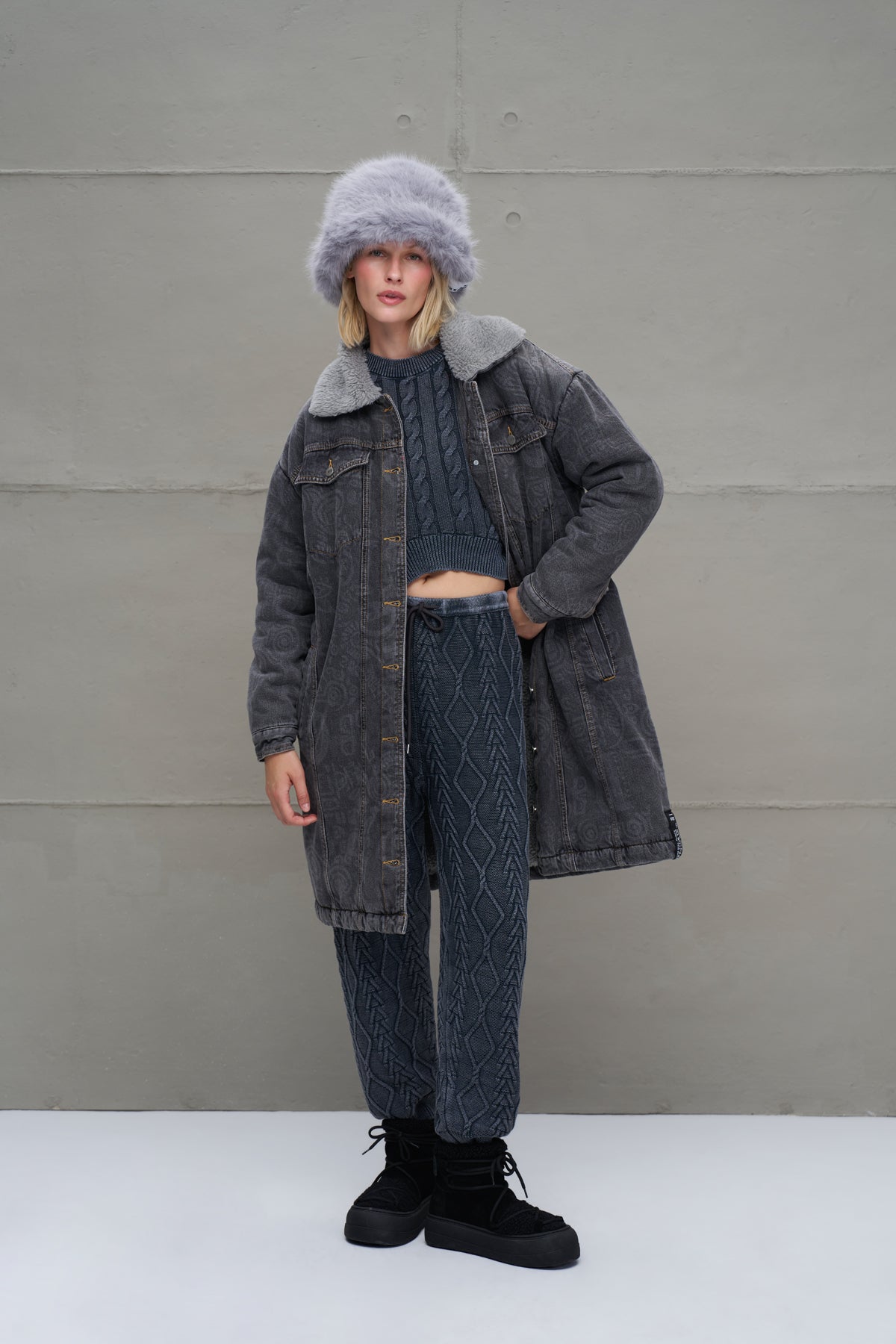 Anthracite Faux Fur Long Denim Coat 18098