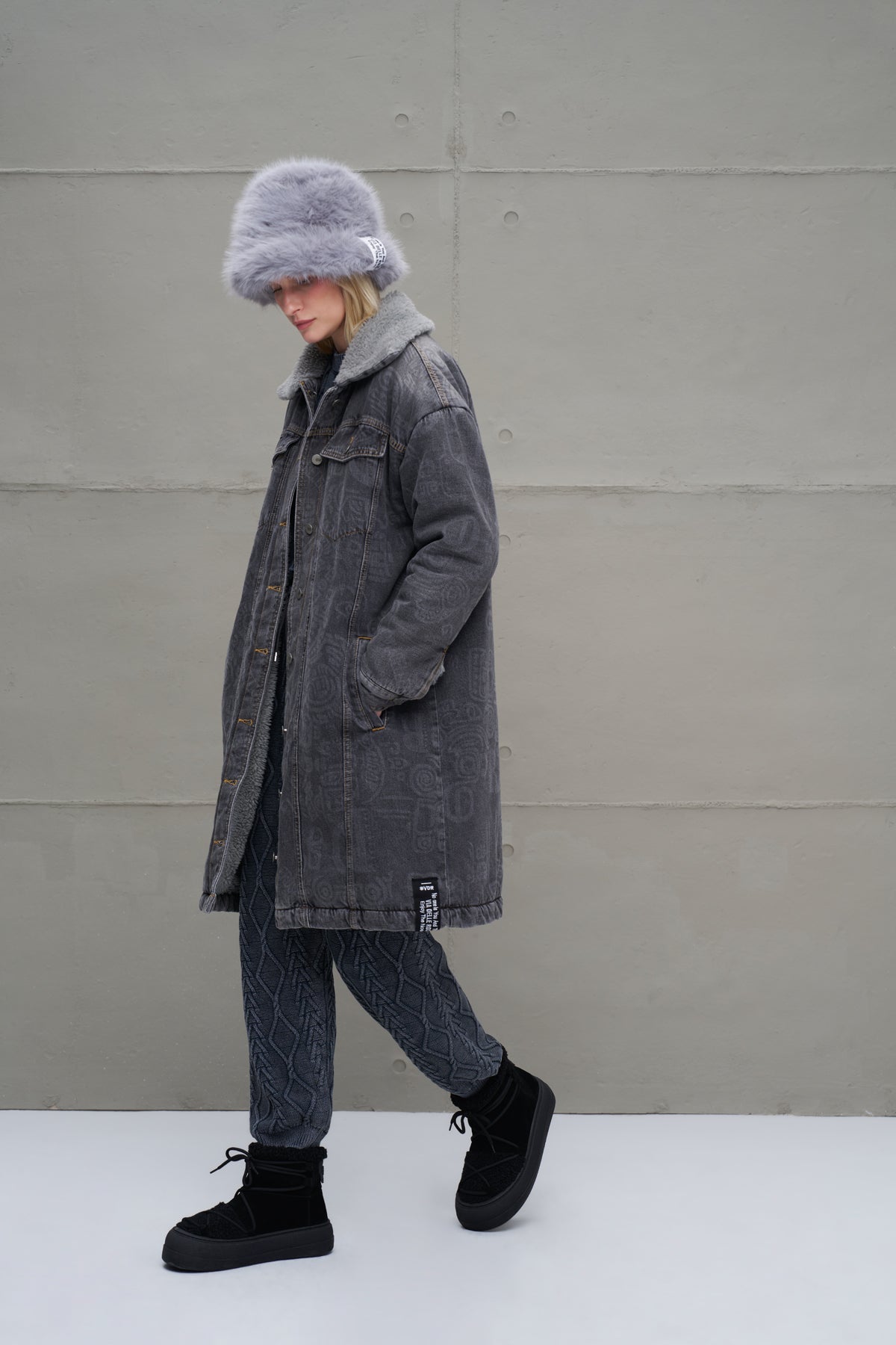 Anthracite Faux Fur Long Denim Coat 18098