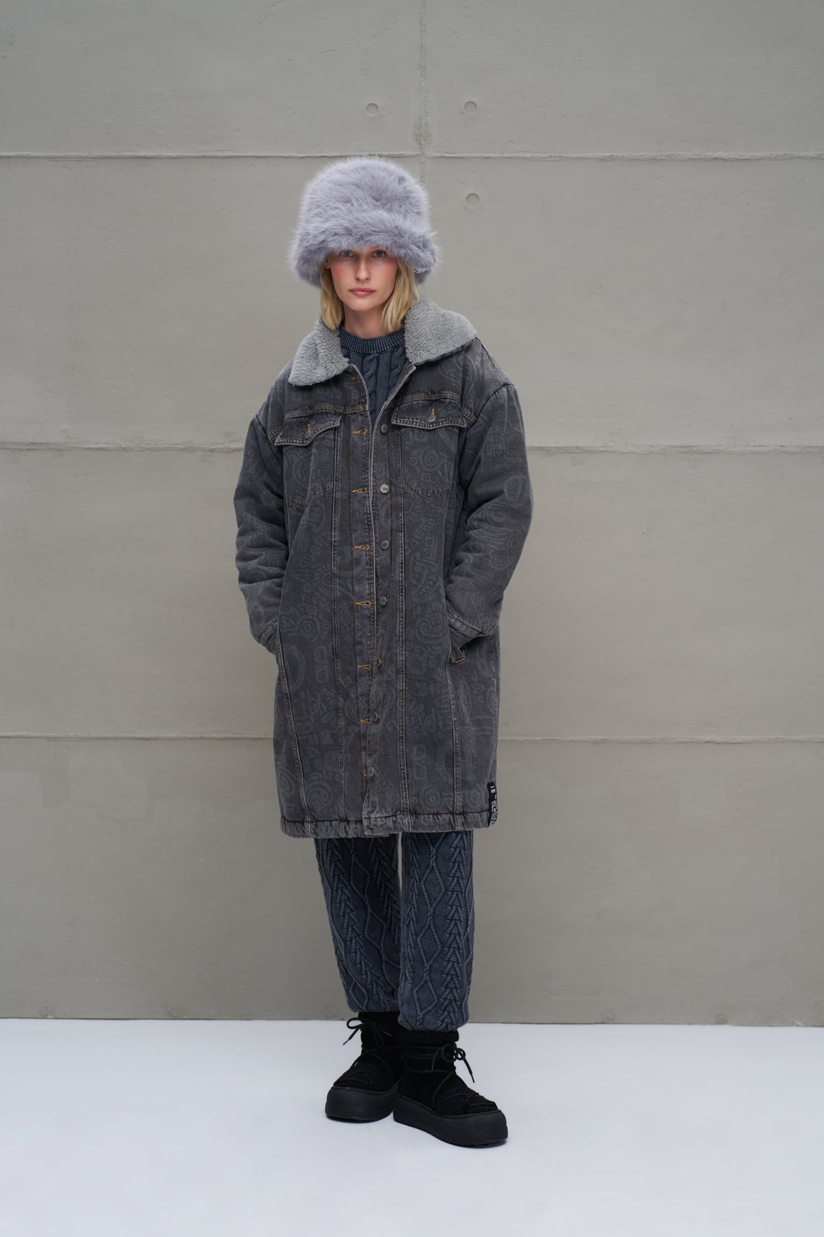 Anthracite Faux Fur Long Denim Coat 18098
