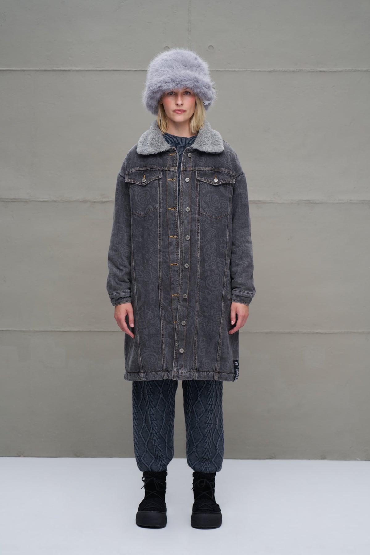 Anthracite Faux Fur Long Denim Coat 18098