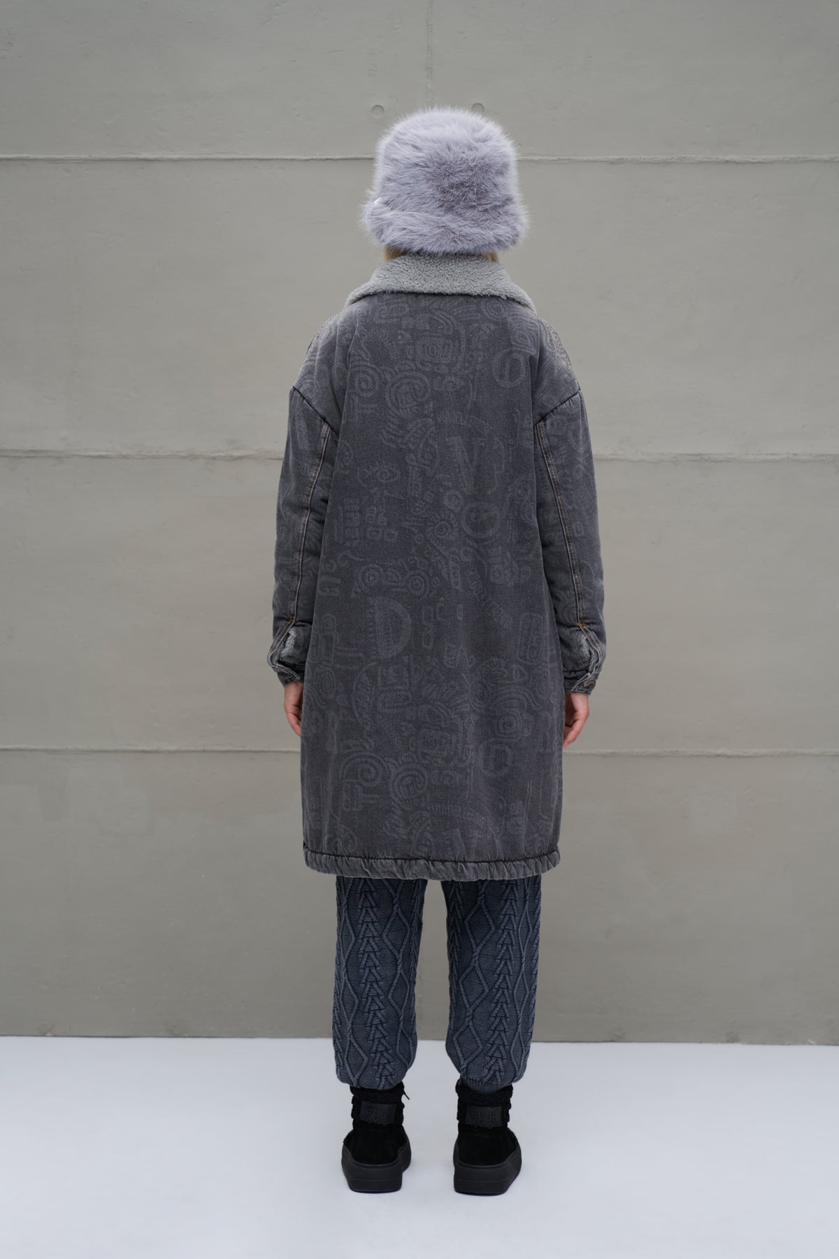 Anthracite Faux Fur Long Denim Coat 18098