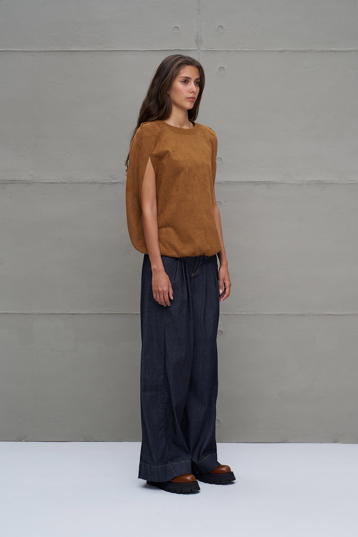 Blue Pleated Wide-leg Denim Trousers 18105