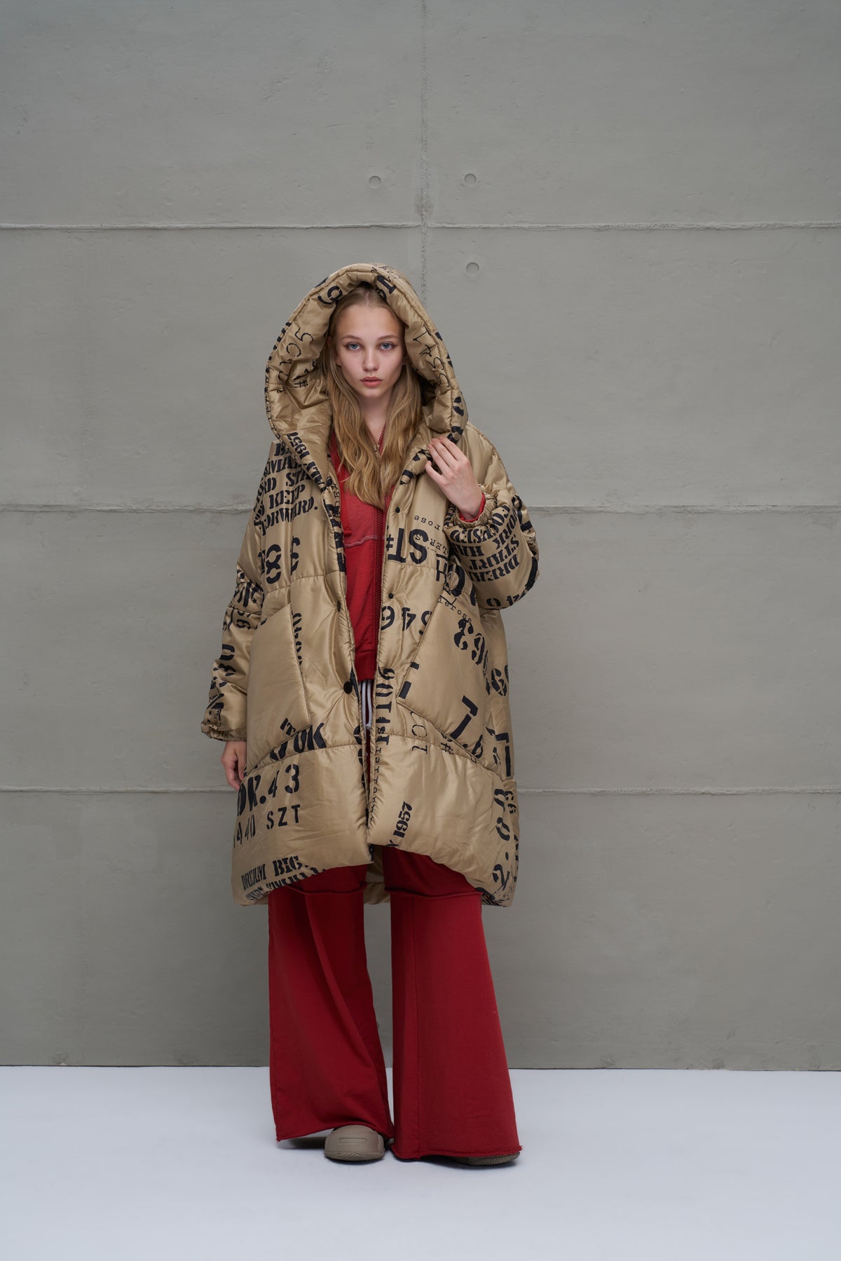 Beige Patterned Long Oversized Coat 18137
