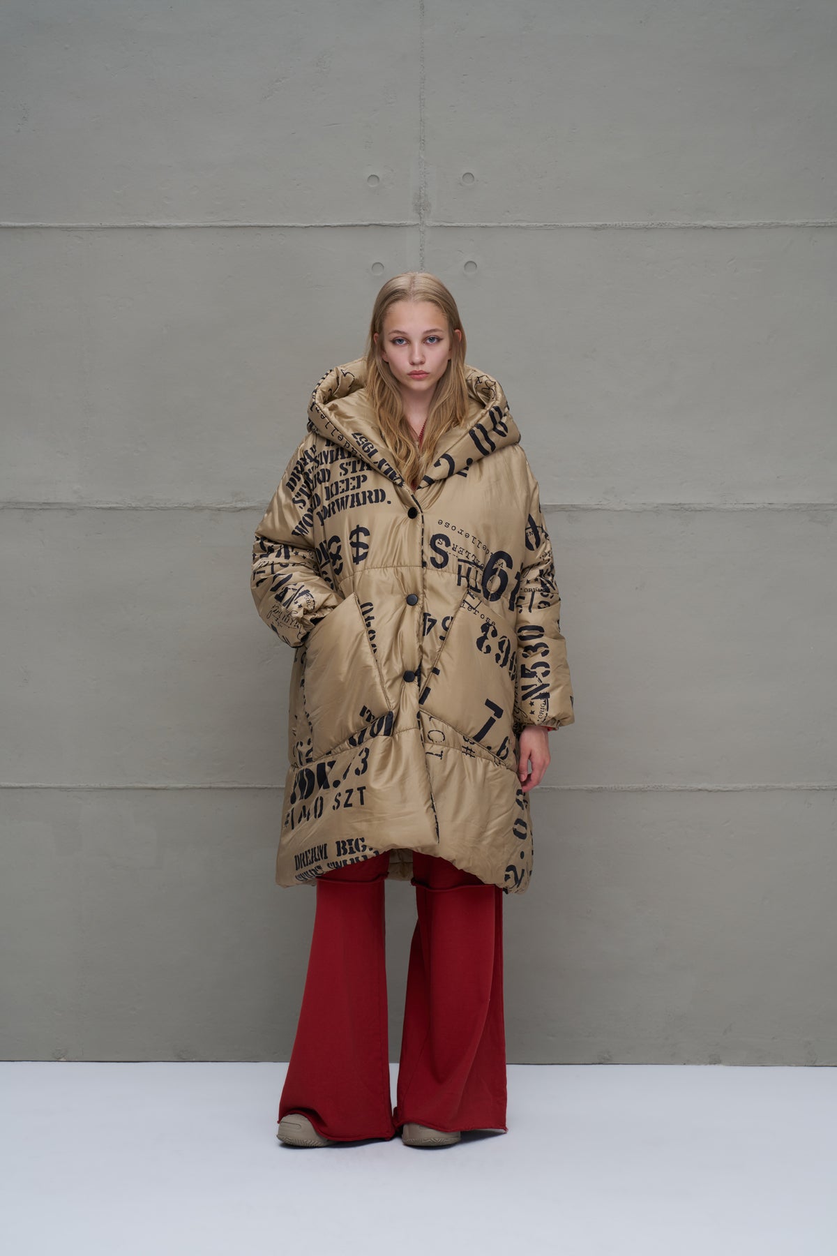 Beige Patterned Long Oversized Coat 18137
