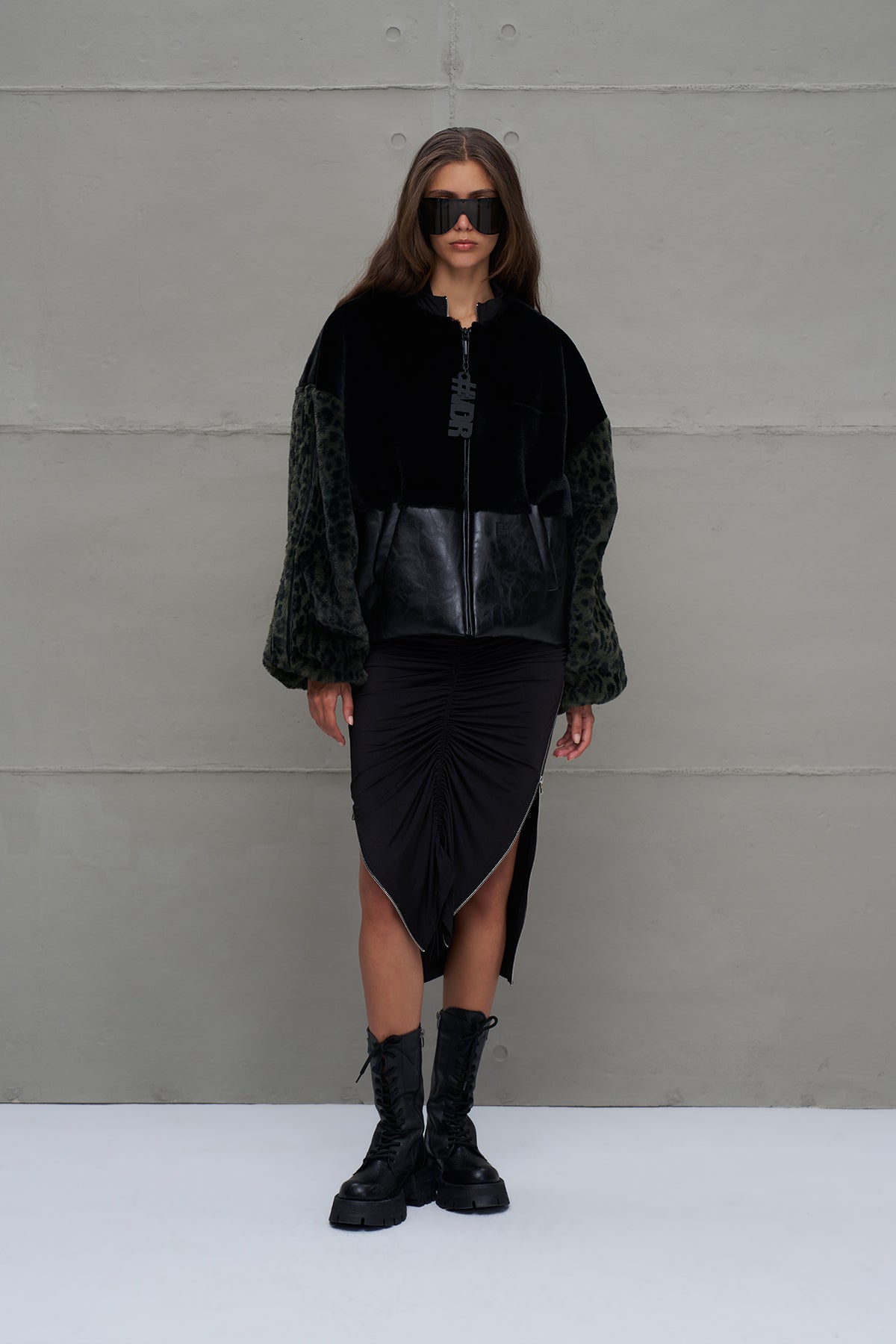 Black Green Faux Leather And Faux Fur Bomber Jacket 18143