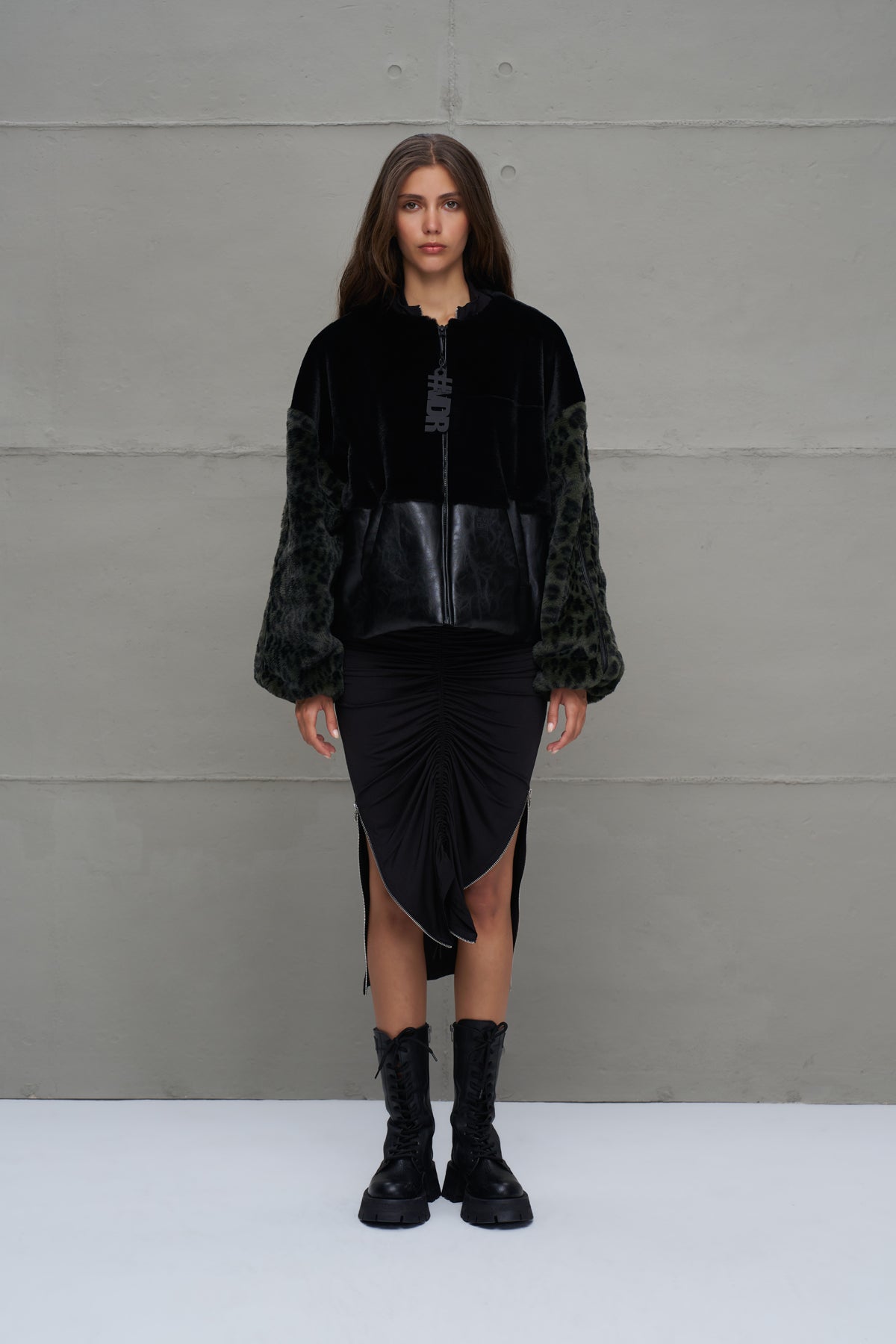 Black Green Faux Leather And Faux Fur Bomber Jacket 18143