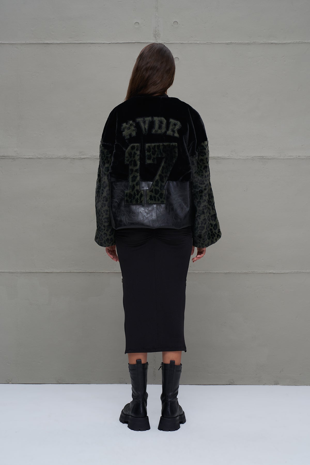 Black Green Faux Leather And Faux Fur Bomber Jacket 18143