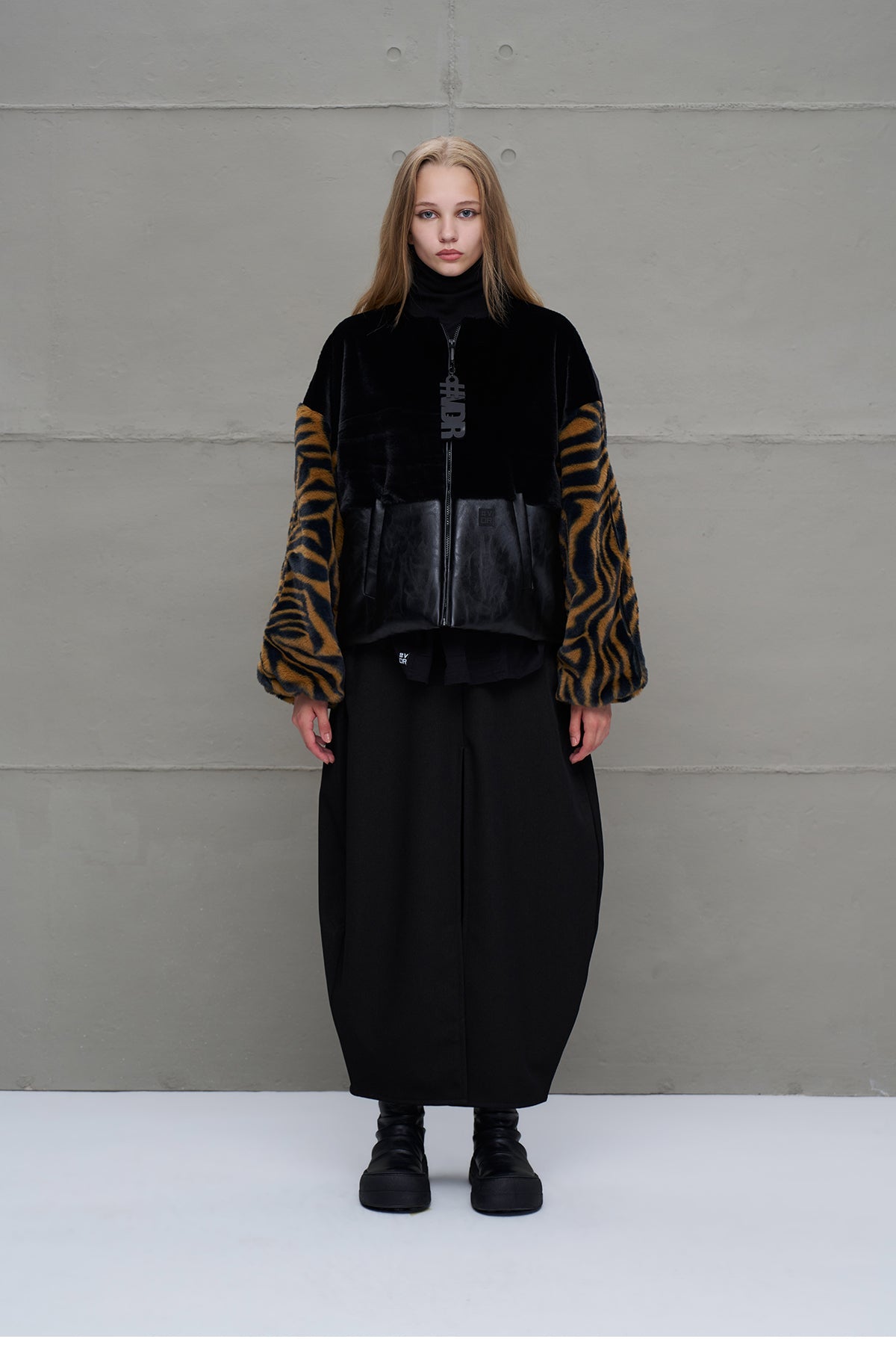 Black Camel Faux Leather And Faux Fur Bomber Jacket 18143