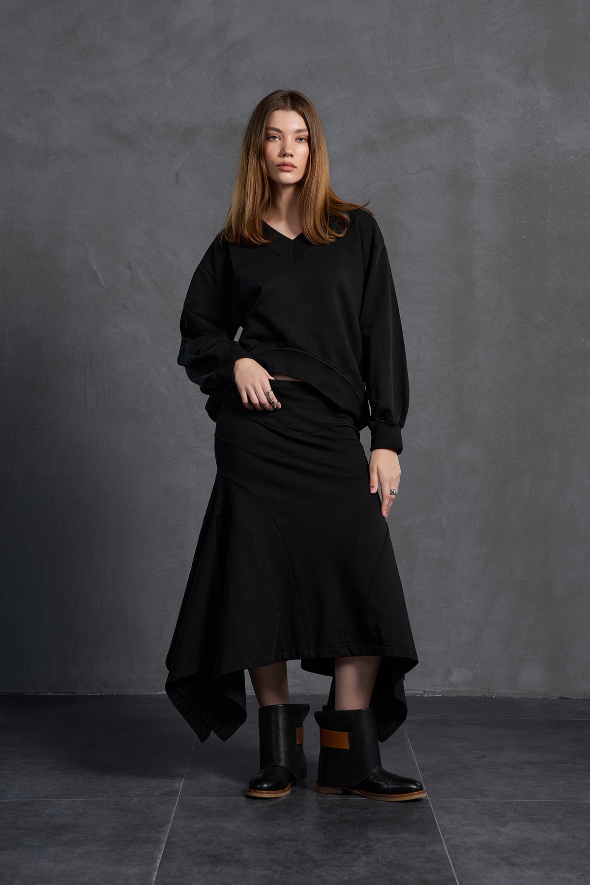 Black Asymmetric Cut Midi Skirt 18167