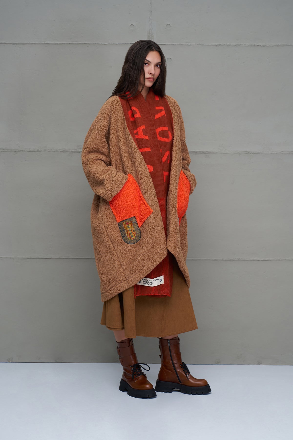 Camel Faux Fur Look Oversize Long Cardigan 18240