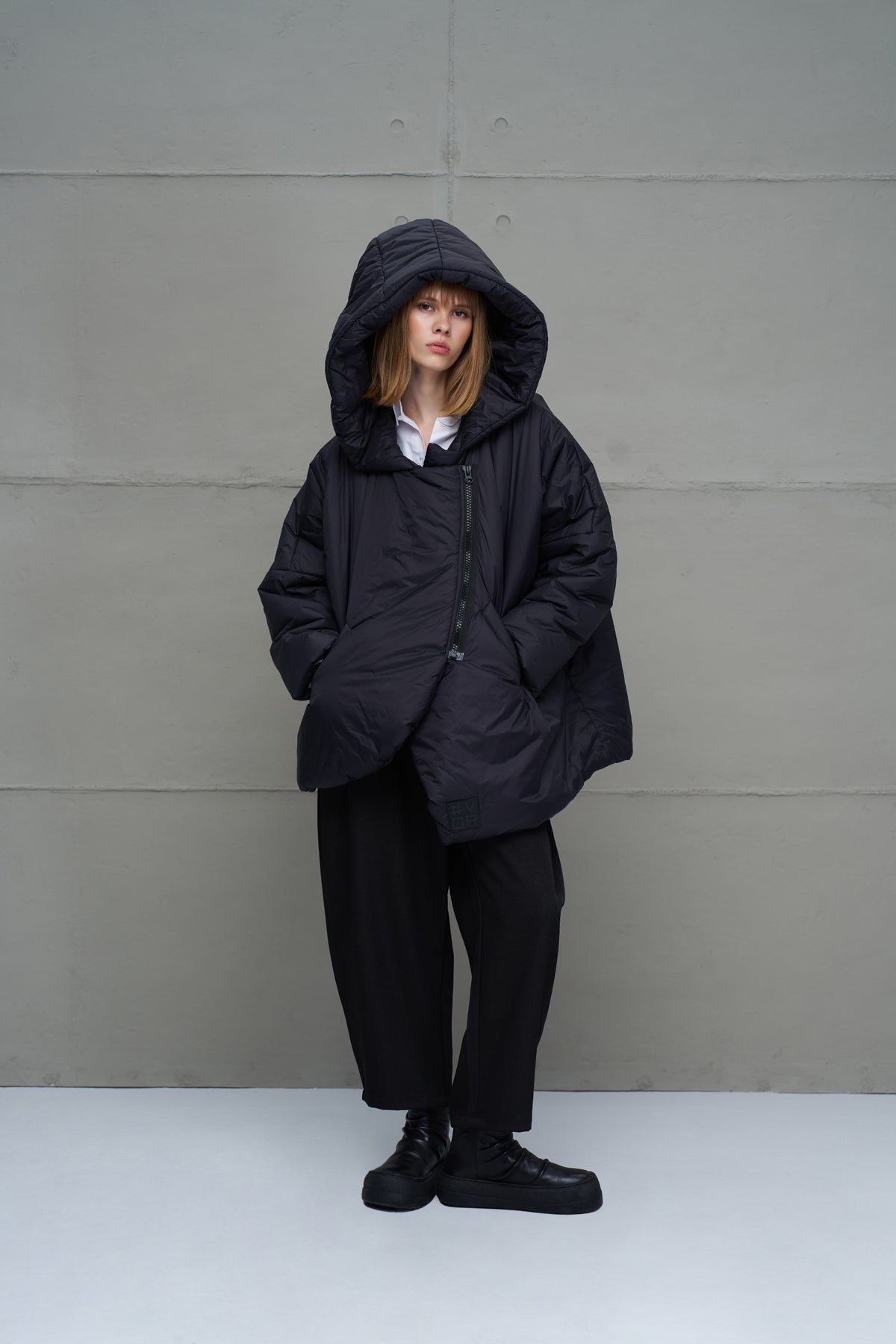 Black Asymmetric Oversize Puffer Coat 18256