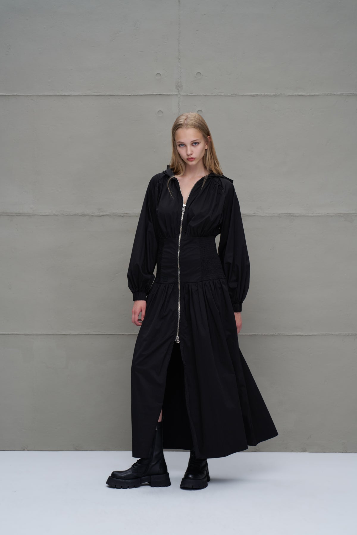Black Zippered Drawstring Waist Dress 18277