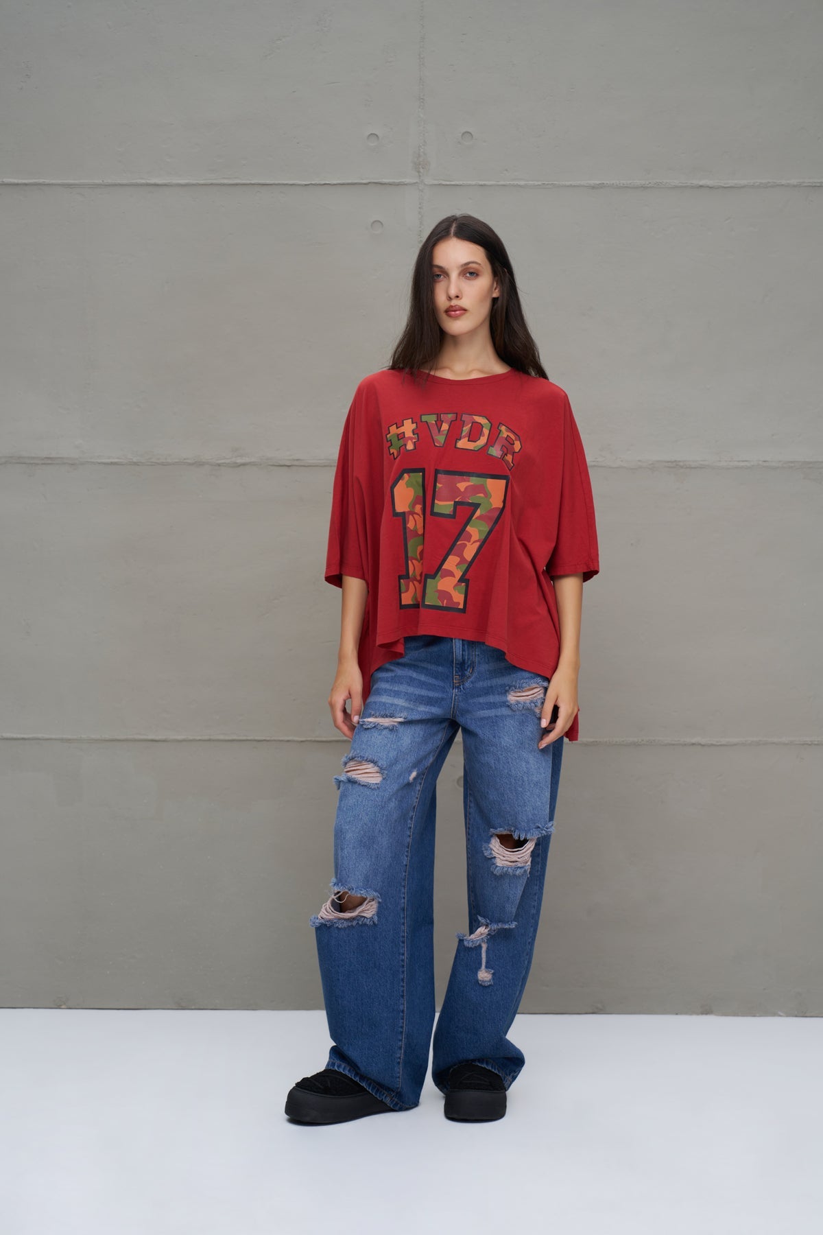 Maroon Printed Asymmetric Oversize T-shirt 18282