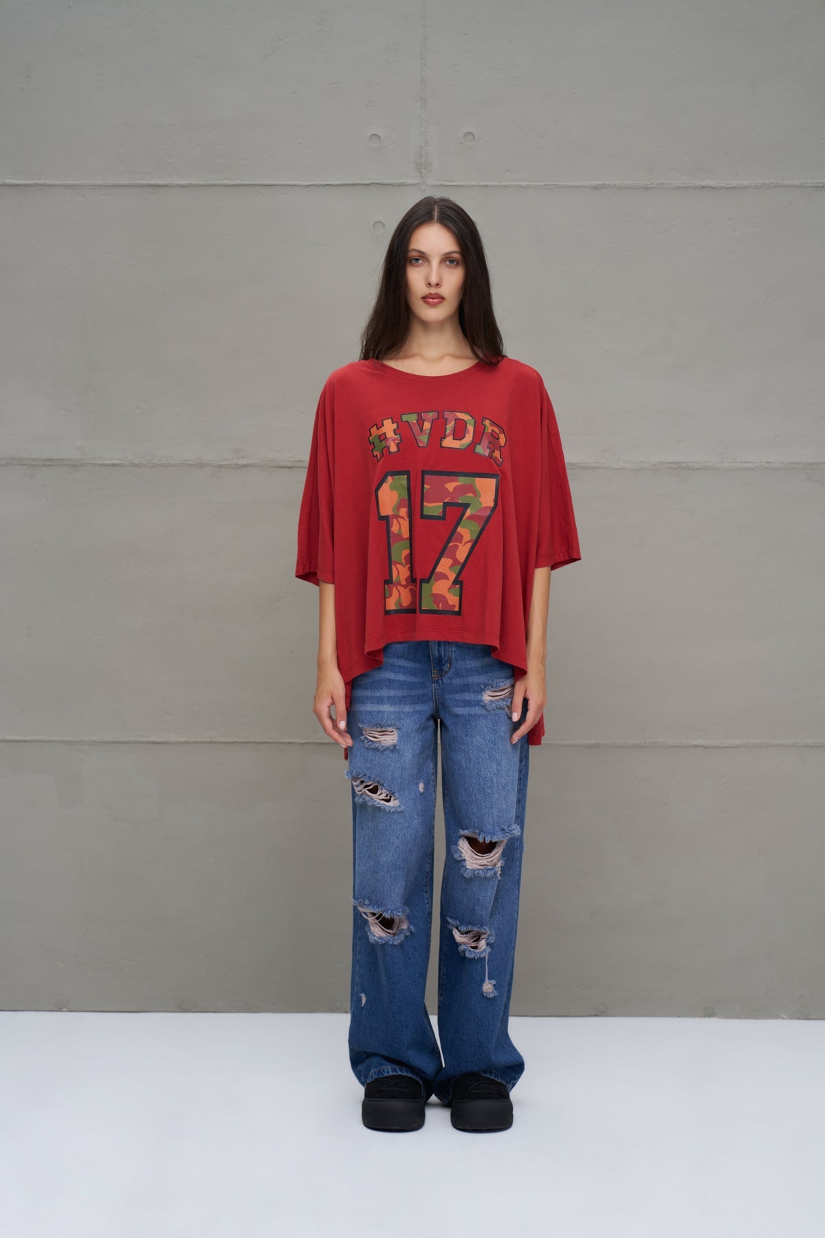 Maroon Printed Asymmetric Oversize T-shirt 18282