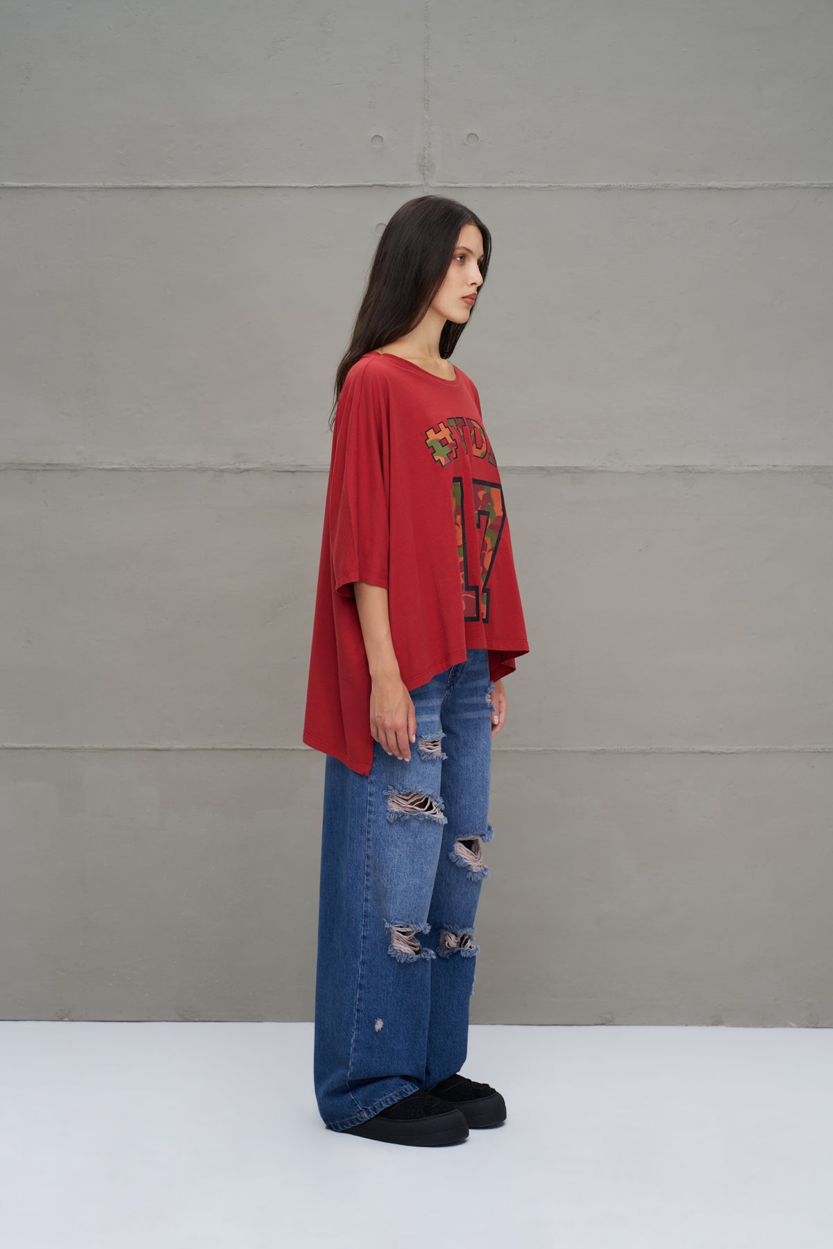 Maroon Printed Asymmetric Oversize T-shirt 18282
